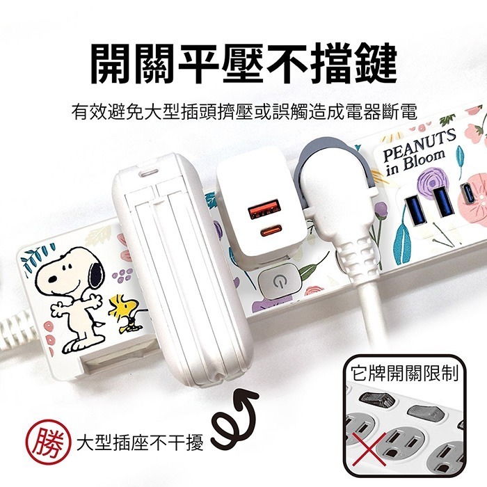 【SNOOPY史努比】氮化鎵GaN PD37W 按壓式四開三插+USB延長用電源線/延長線1.8M/6尺-細節圖5