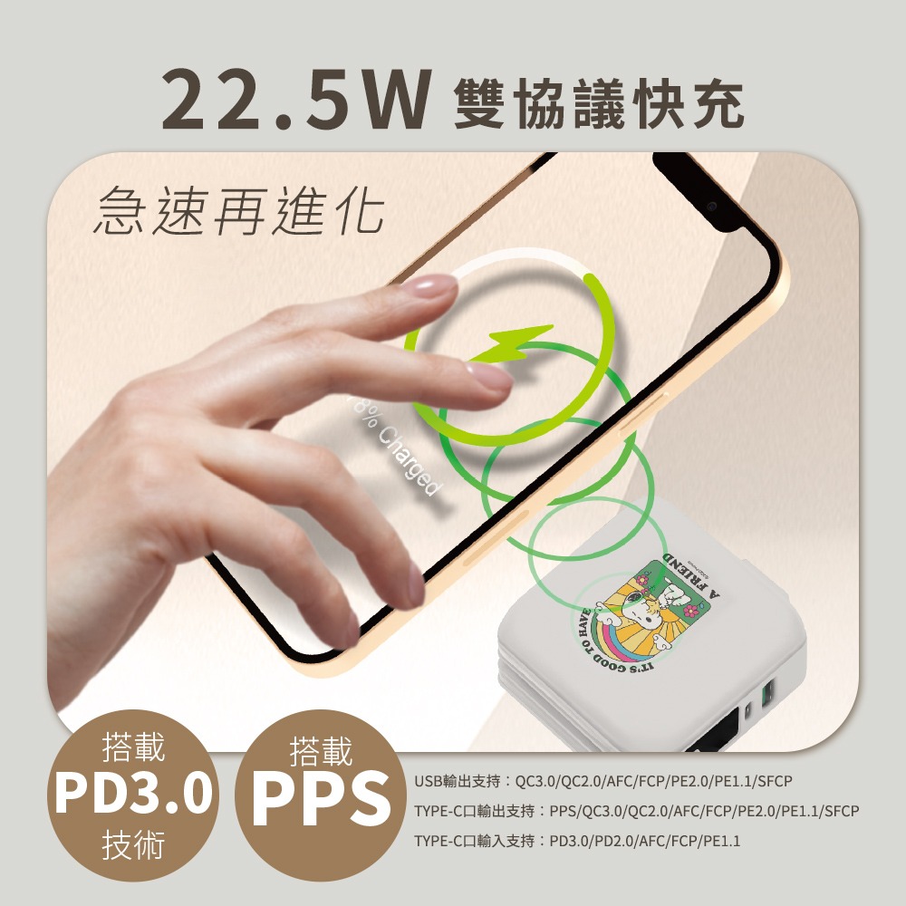 【SNOOPY史努比】七合一雙線夾心萬用充 磁吸無線充電行動電源12000mAh-細節圖6