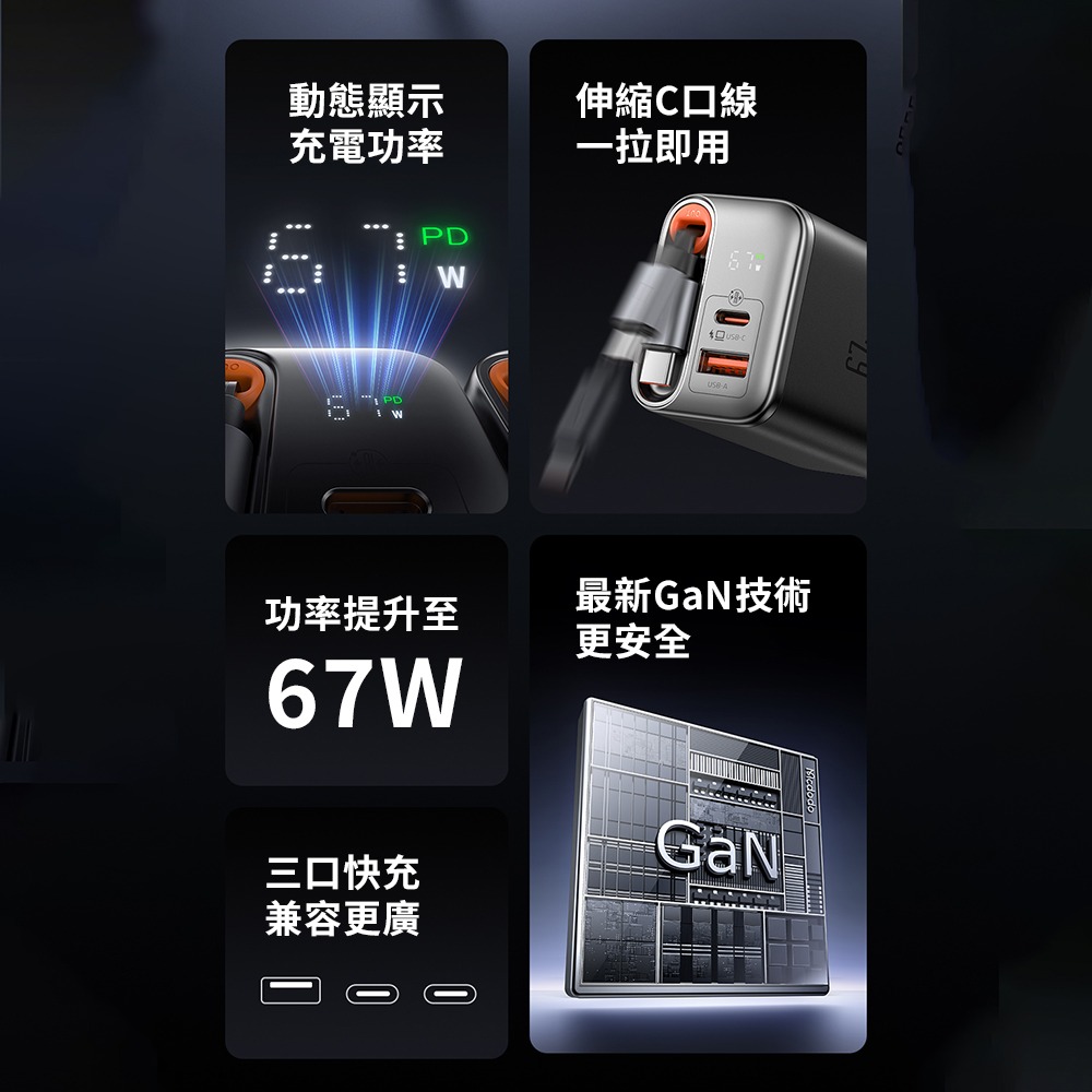 【Mcdodo麥多多】FreeGo系列 67W 氮化鎵GaN 自帶伸縮線 PD快充充電器(CH-411)-細節圖2