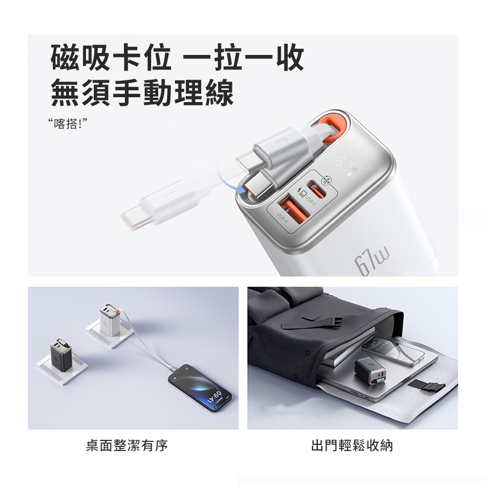 【Mcdodo麥多多】FreeGo系列 67W 氮化鎵GaN 自帶伸縮線 PD快充充電器(CH-411)-細節圖6