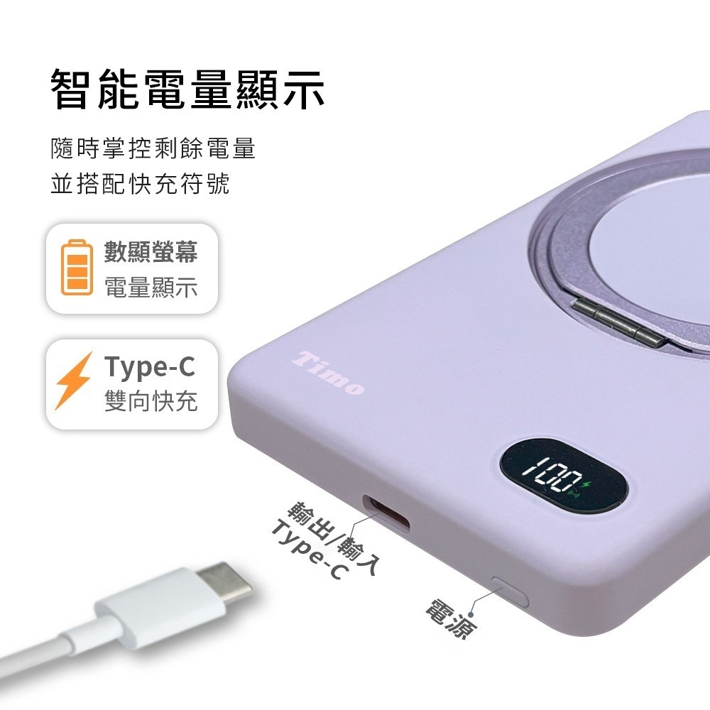 【限時購】【Timo】PD快充 旋轉支架數顯超薄磁吸無線行動電源 5000mAh-細節圖4