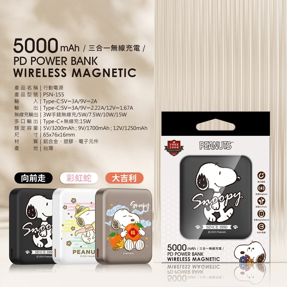 【限時購】【SNOOPY史努比】魔方系列 掌心大小 PD快充 三合一磁吸無線充行動電源 5000mAh-細節圖5