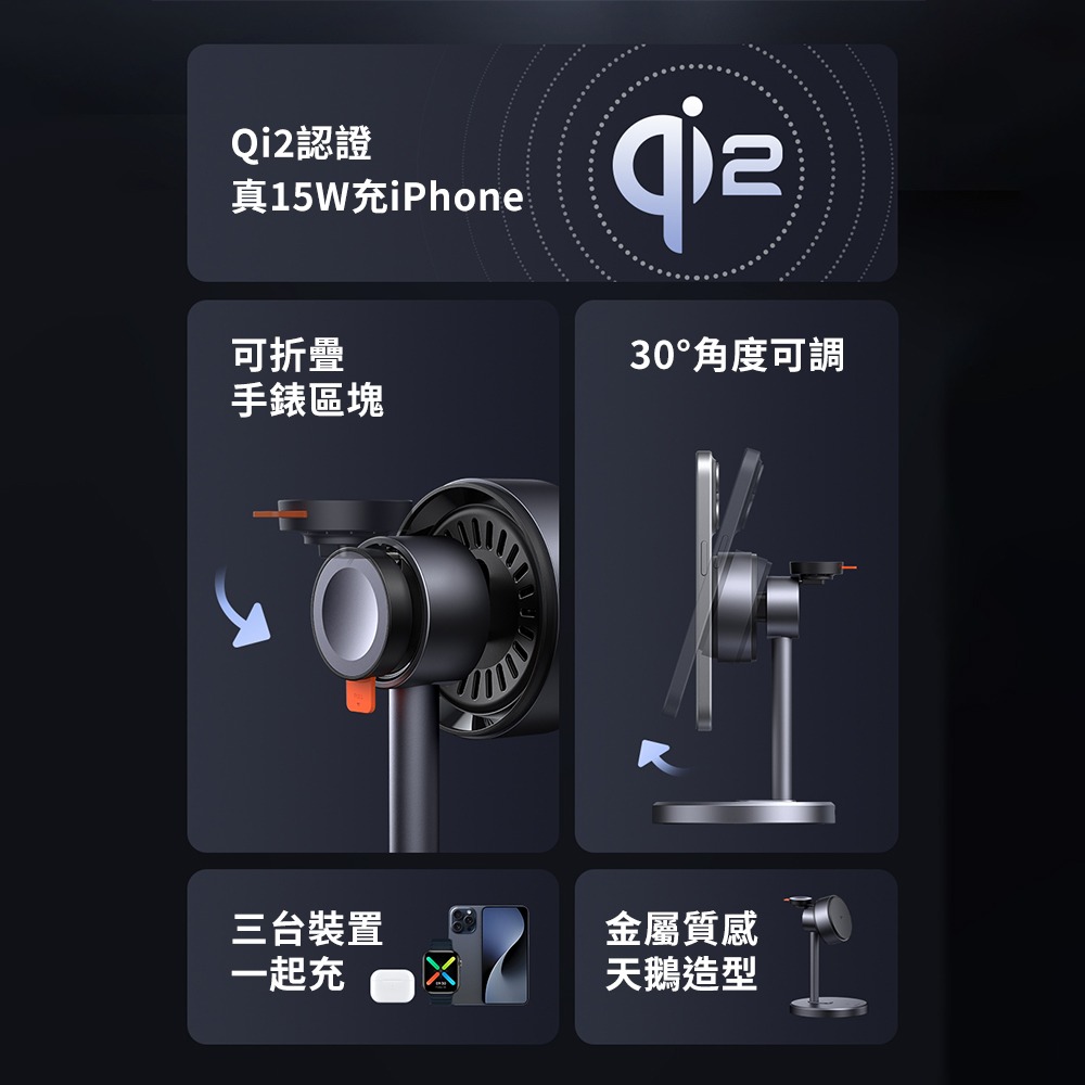 【Mcdodo麥多多】MagQ Qi2 三合一磁吸無線充支架(CH-2460)-細節圖2