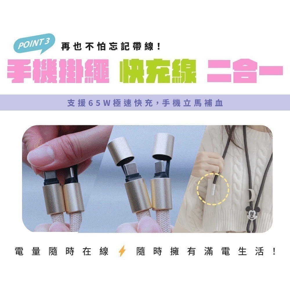 【限時購】Disney迪士尼 C to C 二合一 65W 急速充電手機掛繩組(附造型夾片)-細節圖5