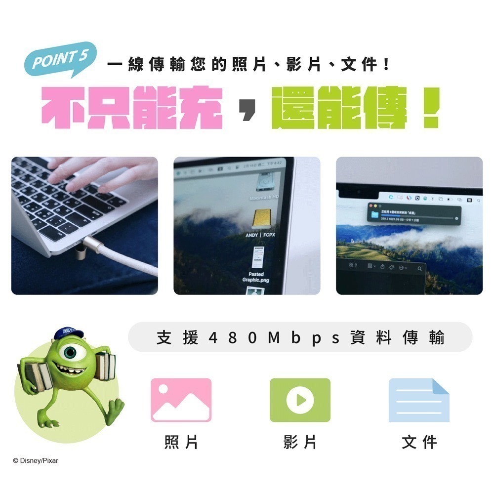 【限時購】Disney迪士尼 C to C 二合一 65W 急速充電手機掛繩組(附造型夾片)-細節圖7