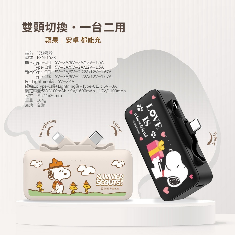 【SNOOPY史努比】Lightning & Type-C 2in1 PD快充 雙頭口袋行動電源 5000mAh-細節圖5