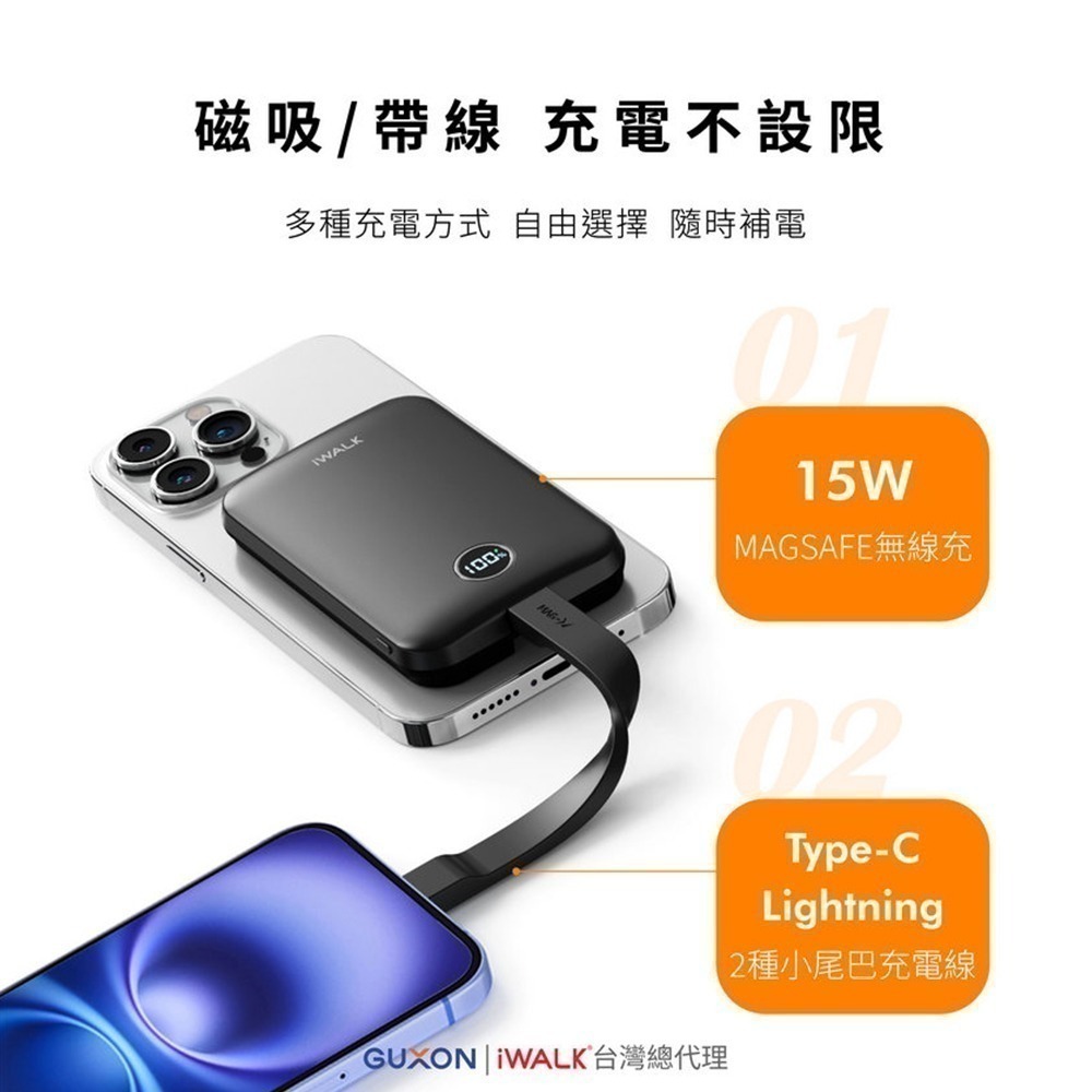 【iWALK】MAGO Qi2 15W磁吸帶線行動電源10000mAh(有標示Wh/3C認證)-細節圖2