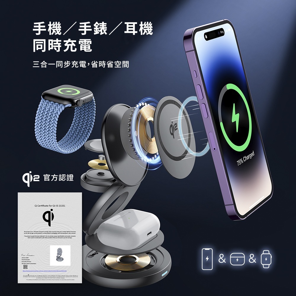 【Timo】Qi2 15W 三合一旋轉折疊無線充電器支架/充電座-細節圖4