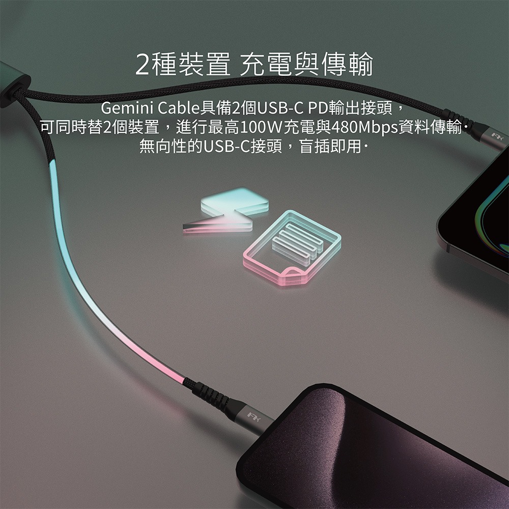 【Feeltek】Gemini USB-C to 雙C 100W 一轉二智慧分流傳輸充電線1.5m-細節圖4