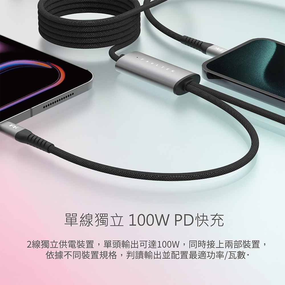 【限時購】【Feeltek】Gemini USB-C to 雙C 100W 一轉二智慧分流傳輸充電線1.5m-細節圖3