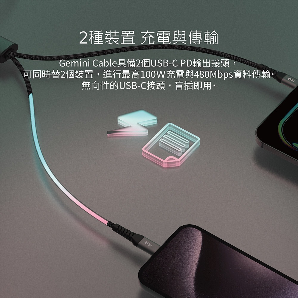 【限時購】【Feeltek】Gemini USB-C to 雙C 100W 一轉二智慧分流傳輸充電線1.5m-細節圖5
