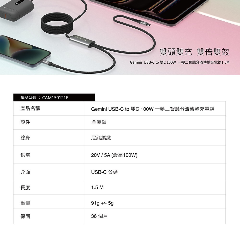 【限時購】【Feeltek】Gemini USB-C to 雙C 100W 一轉二智慧分流傳輸充電線1.5m-細節圖10