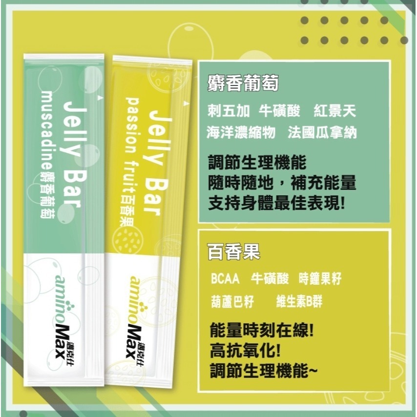 【單車元素】aminoMax 邁克仕 Jelly Bar能量晶凍條-麝香葡萄風味/百香果風味 (7條/盒)-細節圖2