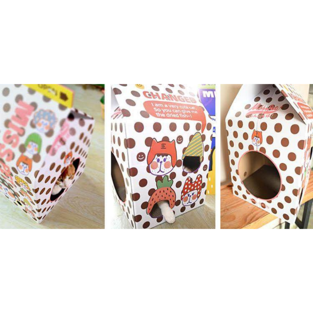 MISSPET 牛奶盒貓窩｜ (贈可伸縮毛絨尾巴逗貓棒) 是貓窩也是貓抓板！加厚瓦楞紙．多款萌趣印花．大空間躲藏屋-細節圖3