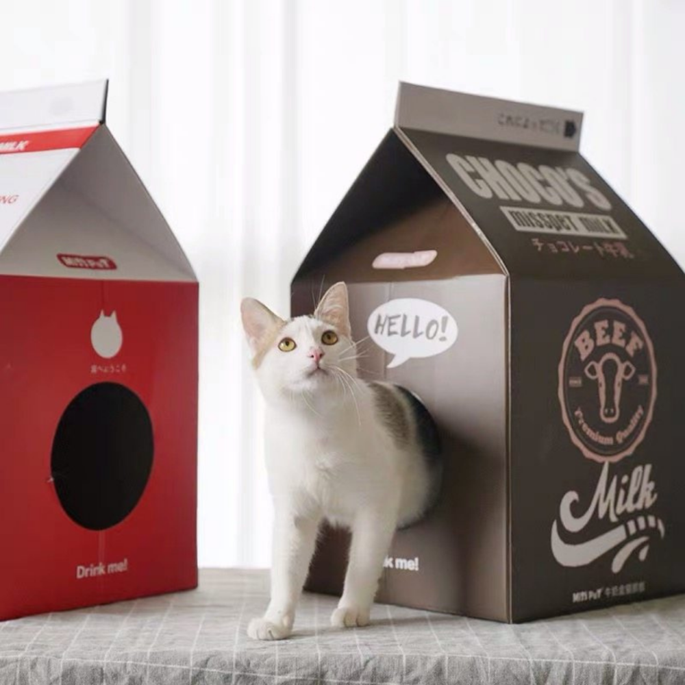 MISSPET 牛奶盒貓窩｜ (贈可伸縮毛絨尾巴逗貓棒) 是貓窩也是貓抓板！加厚瓦楞紙．多款萌趣印花．大空間躲藏屋-細節圖4