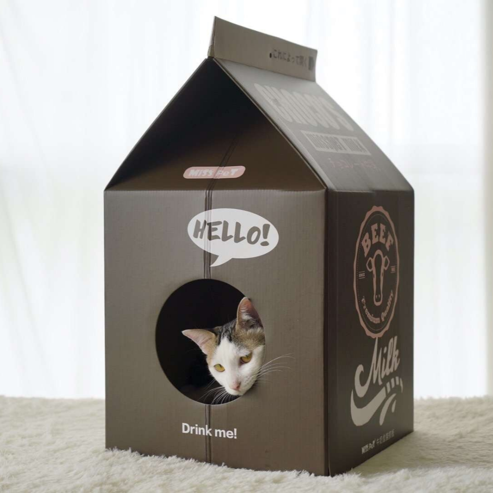 MISSPET 牛奶盒貓窩｜ (贈可伸縮毛絨尾巴逗貓棒) 是貓窩也是貓抓板！加厚瓦楞紙．多款萌趣印花．大空間躲藏屋-細節圖7