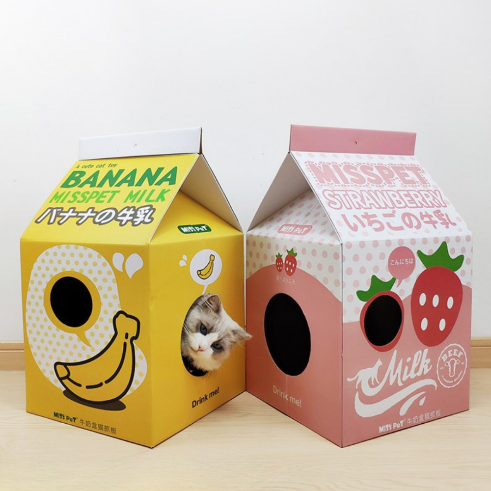 MISSPET 牛奶盒貓窩｜ (贈可伸縮毛絨尾巴逗貓棒) 是貓窩也是貓抓板！加厚瓦楞紙．多款萌趣印花．大空間躲藏屋-細節圖8
