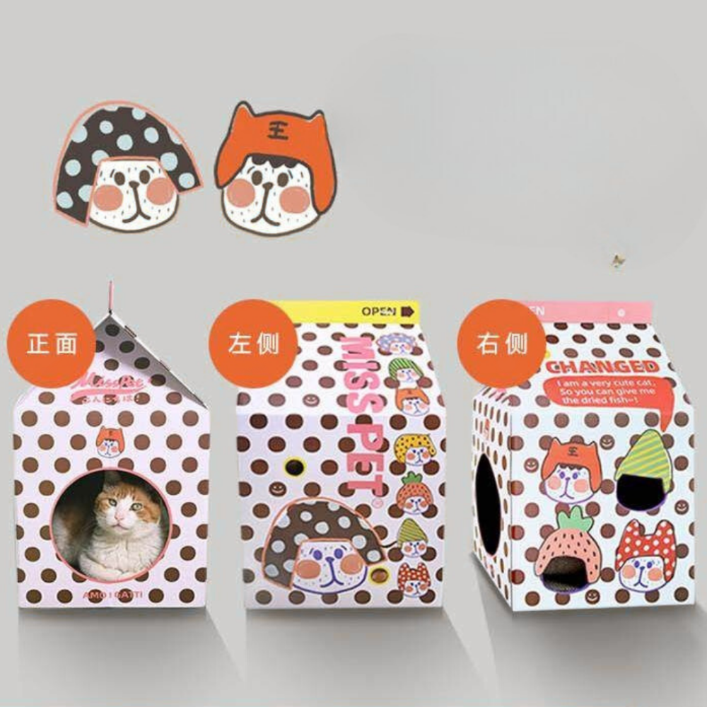 MISSPET 牛奶盒貓窩｜ (贈可伸縮毛絨尾巴逗貓棒) 是貓窩也是貓抓板！加厚瓦楞紙．多款萌趣印花．大空間躲藏屋-細節圖2