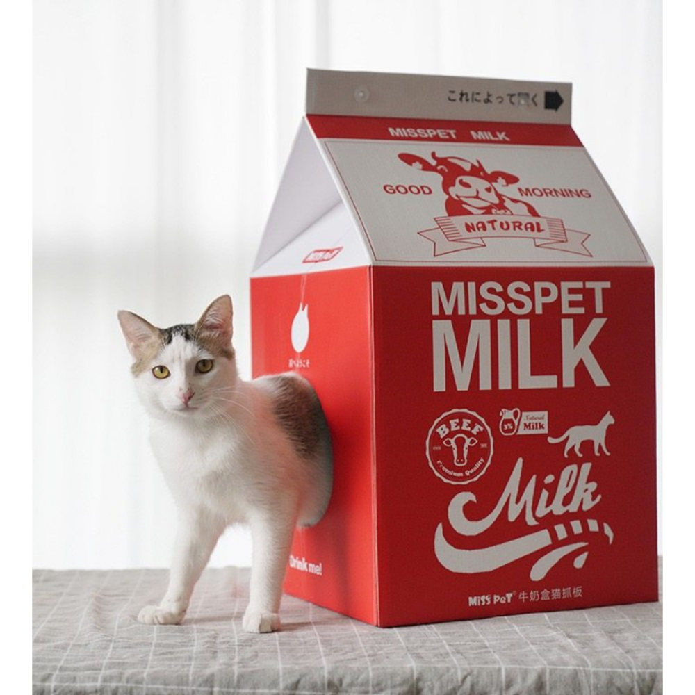 MISSPET 牛奶盒貓窩｜ (贈可伸縮毛絨尾巴逗貓棒) 是貓窩也是貓抓板！加厚瓦楞紙．多款萌趣印花．大空間躲藏屋-細節圖6