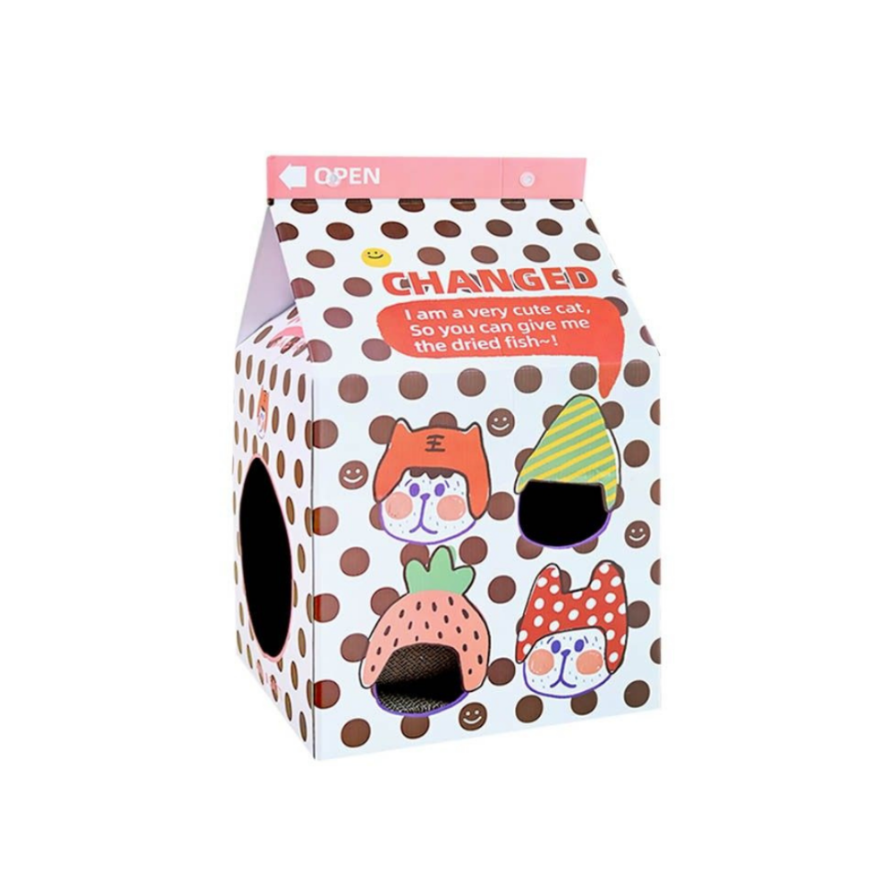 MISSPET 牛奶盒貓窩｜ (贈可伸縮毛絨尾巴逗貓棒) 是貓窩也是貓抓板！加厚瓦楞紙．多款萌趣印花．大空間躲藏屋-規格圖11