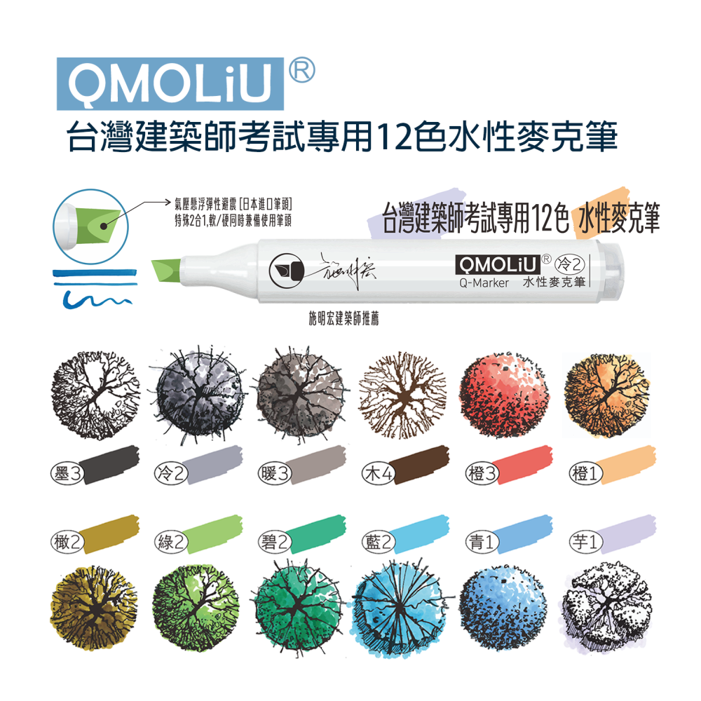 藝城美術~ QMOLiU 設計群專二考試 台灣建築師考試專用12色 水性麥克筆 建築X室內 聯手 全新上市-細節圖2