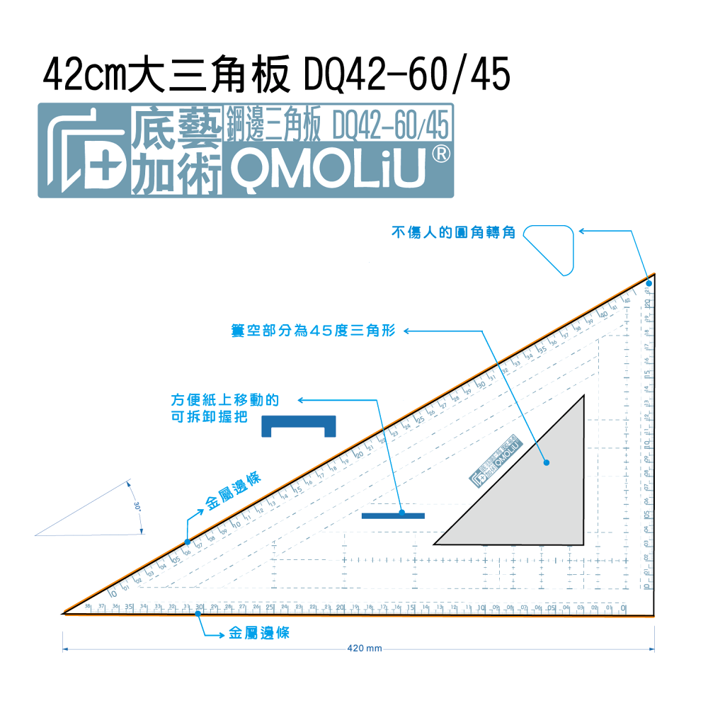 藝城美術~ QMOLiU 製圖 模型 雙鋼邊切割大三角板42CM  60度角與45度角二合一大三角板 保護套顏色隨機出貨-細節圖2