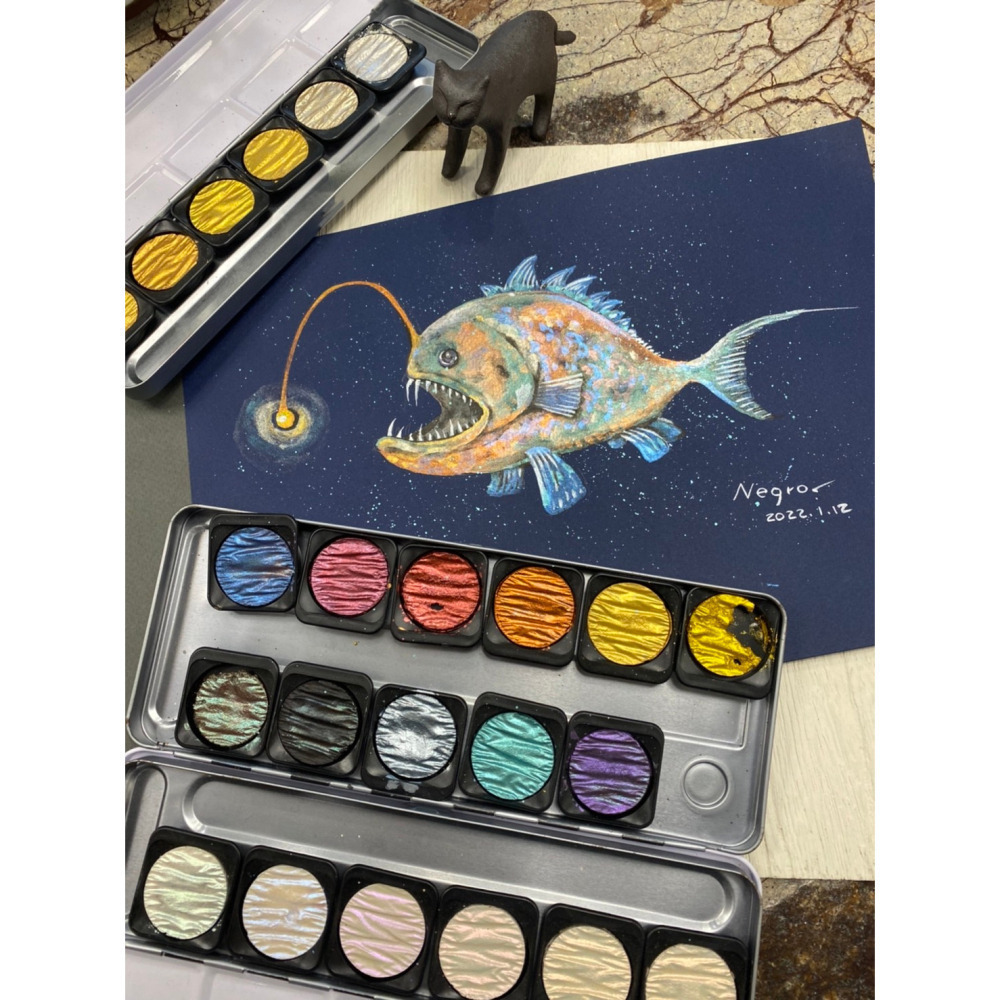 藝城美術~ 德國FINETEC 塊狀 水彩 雲母原料 金屬 珠光 螢光 盒裝-6色入-細節圖8