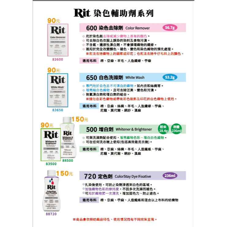 藝城美術~美國 RIT 瑞特 染劑 輔助劑系列 染色去除劑*白色洗滌劑*定色劑 可去漬 清潔 增強色彩附著力👕-細節圖3