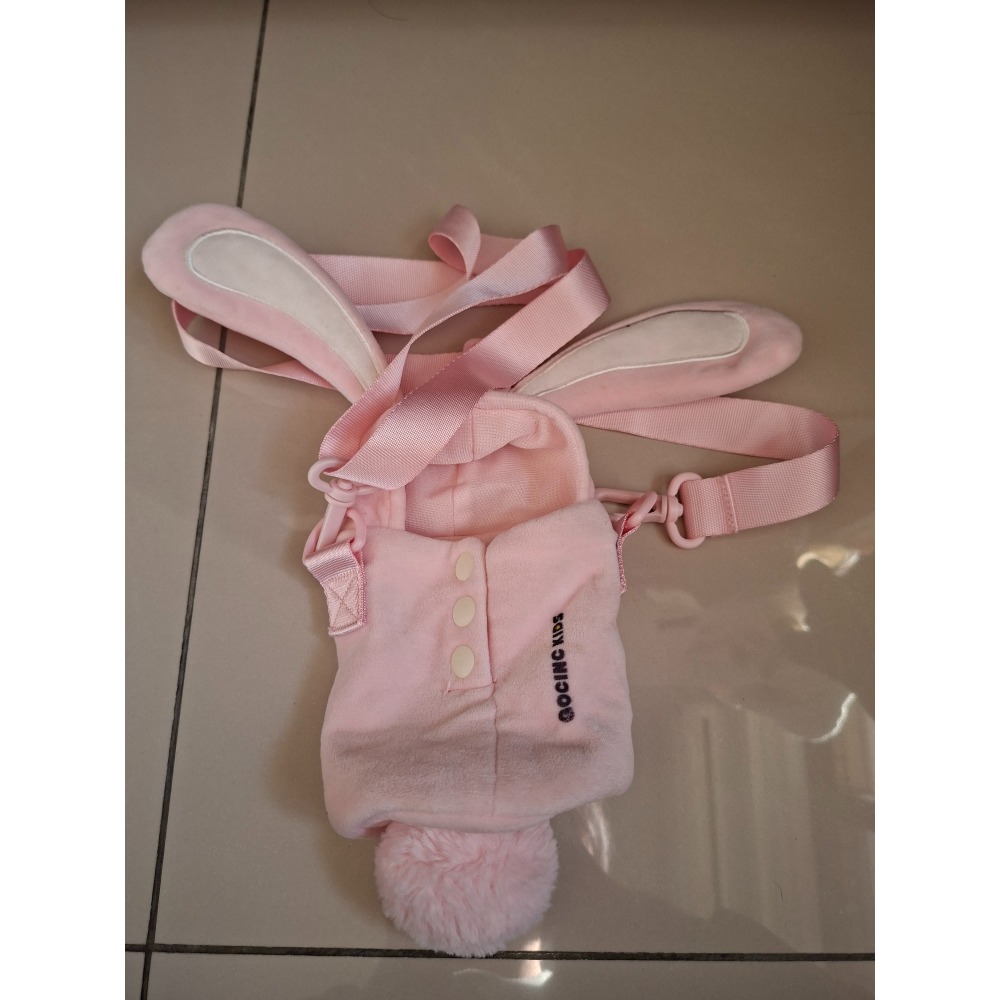 幼稚園水壺提袋側背包  二手  粉紅兔  絨毛-細節圖2