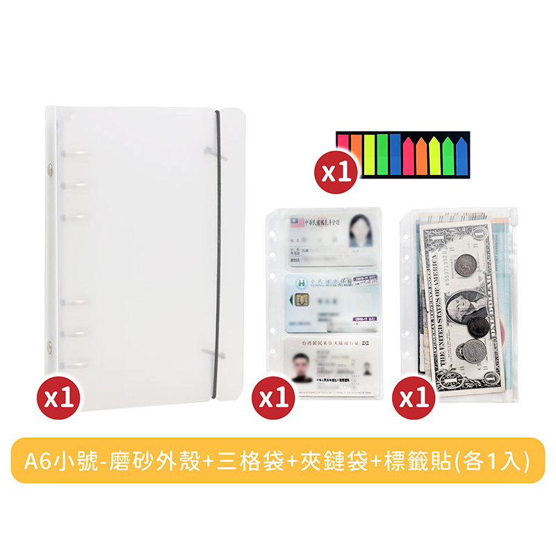 A6小號-磨砂外殼+三格袋+夾鏈袋+標籤貼(各1入)