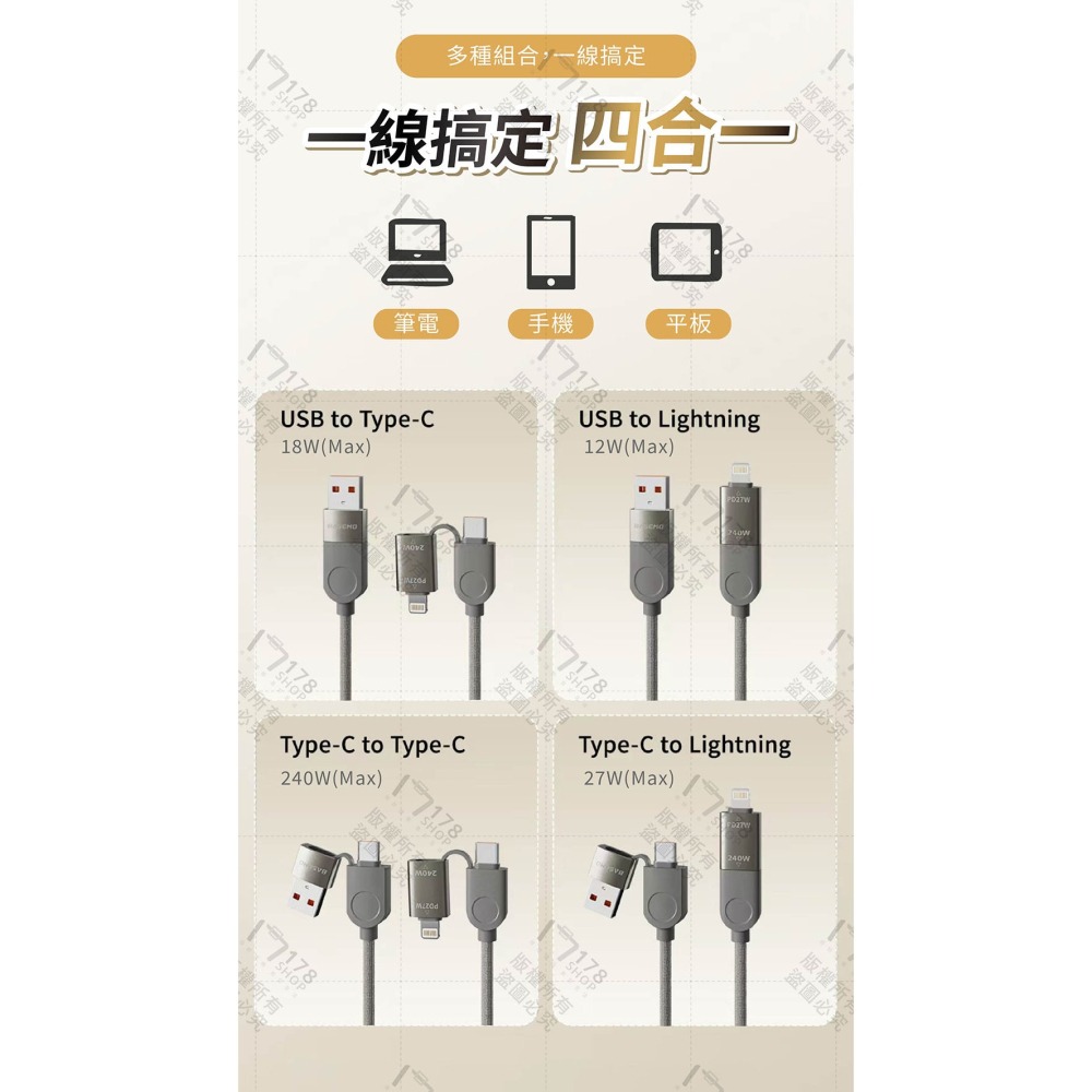 240W 四合一高速磁吸充電線 Type-C Lightning USB【178小舖】編織快充線 PD快充線 磁吸收納-細節圖5