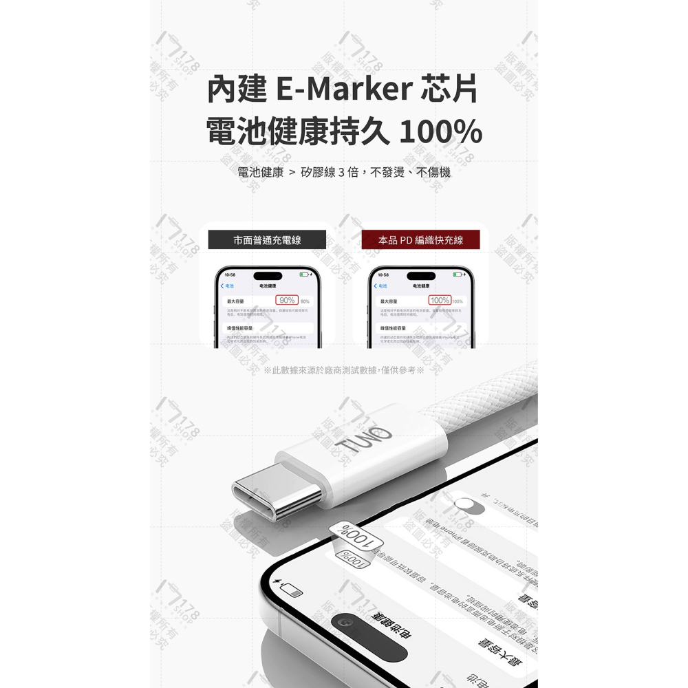 TUNO 圖諾 PD編織快充線 65W【178小舖】Type-C編織線 iPhone 三星 充電線 筆電充電 2米長線-細節圖4
