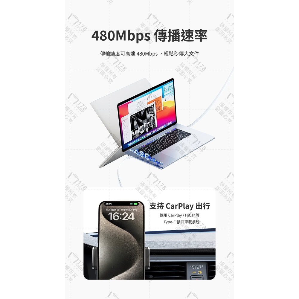 TUNO 圖諾 PD編織快充線 65W【178小舖】Type-C編織線 iPhone 三星 充電線 筆電充電 2米長線-細節圖6