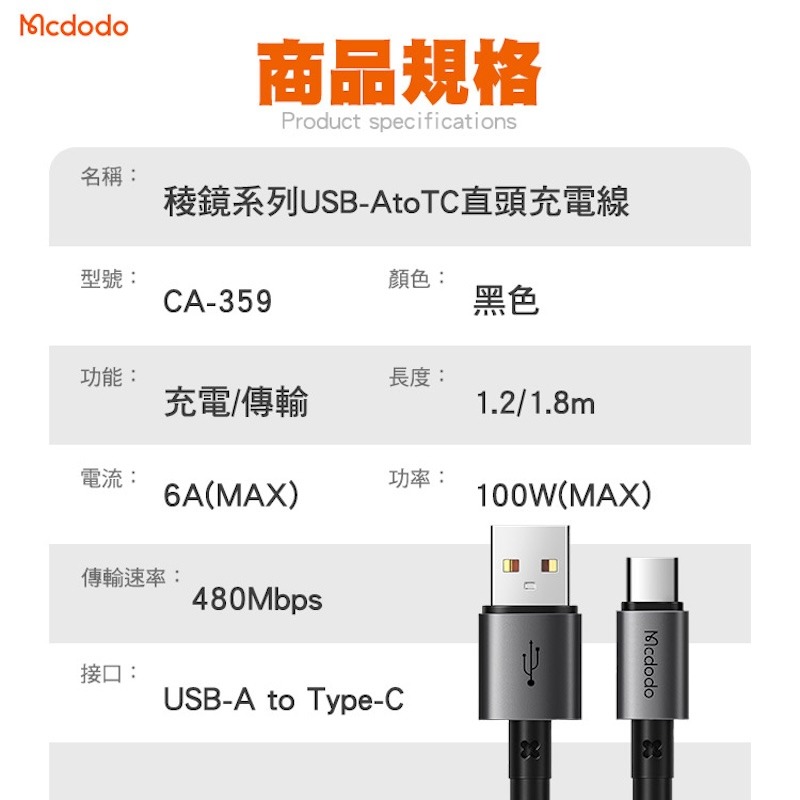 Mcdodo麥多多 稜鏡系列 100W USB-A to Type-C 快充線｜鋁合金編織、閃充傳輸、耐折抗拉 黑色-細節圖9