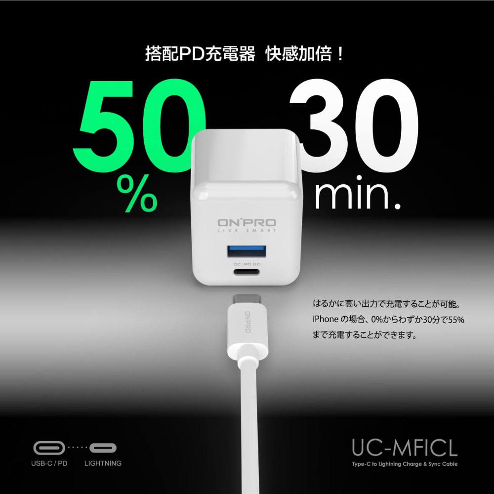 ONPRO Type-C to Lightning快充線｜MFi 認證 PD急速充電傳輸線 200cm 蘋果白-細節圖5