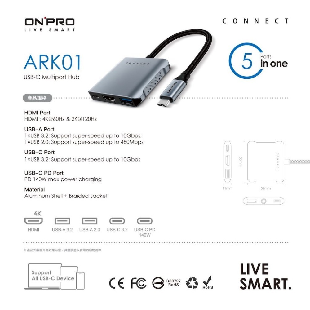ONPRO ARK01 5in1 Type-C HUB 擴充器｜5合1多功能集線器、MacBook/筆電必備-細節圖3