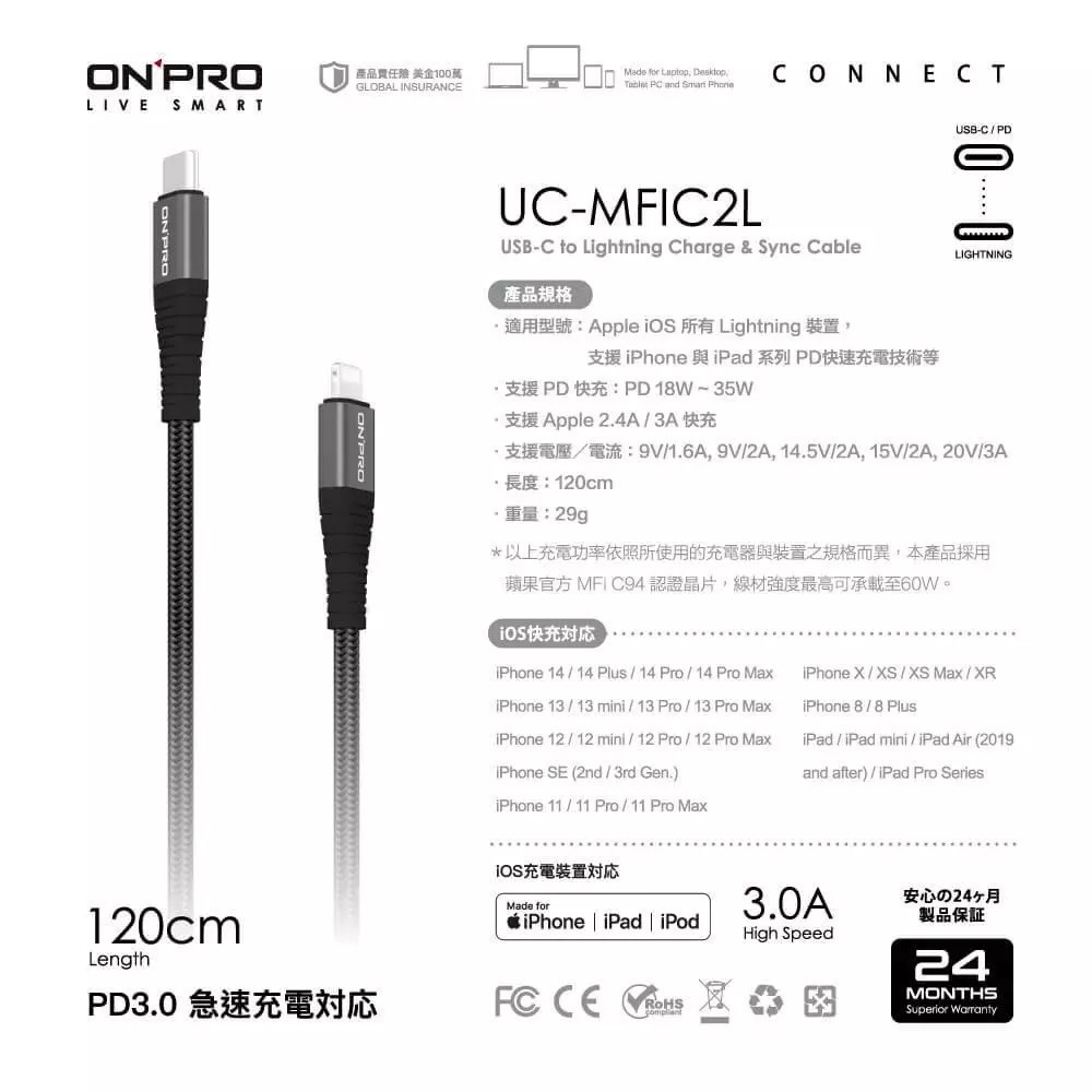 ONPRO UC-MFIC2L Type-C to Lightning 快充傳輸線 120cm｜Apple MFi認證-細節圖2