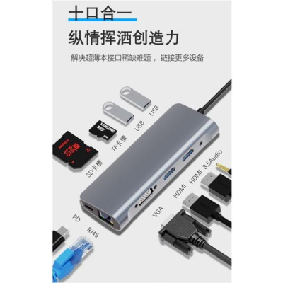 台中現貨USB-C轉HDMI投屏【HDMI4k30hz*2+USB3.0*2+PD+SD/TF+千兆網口+VGA+音訊)