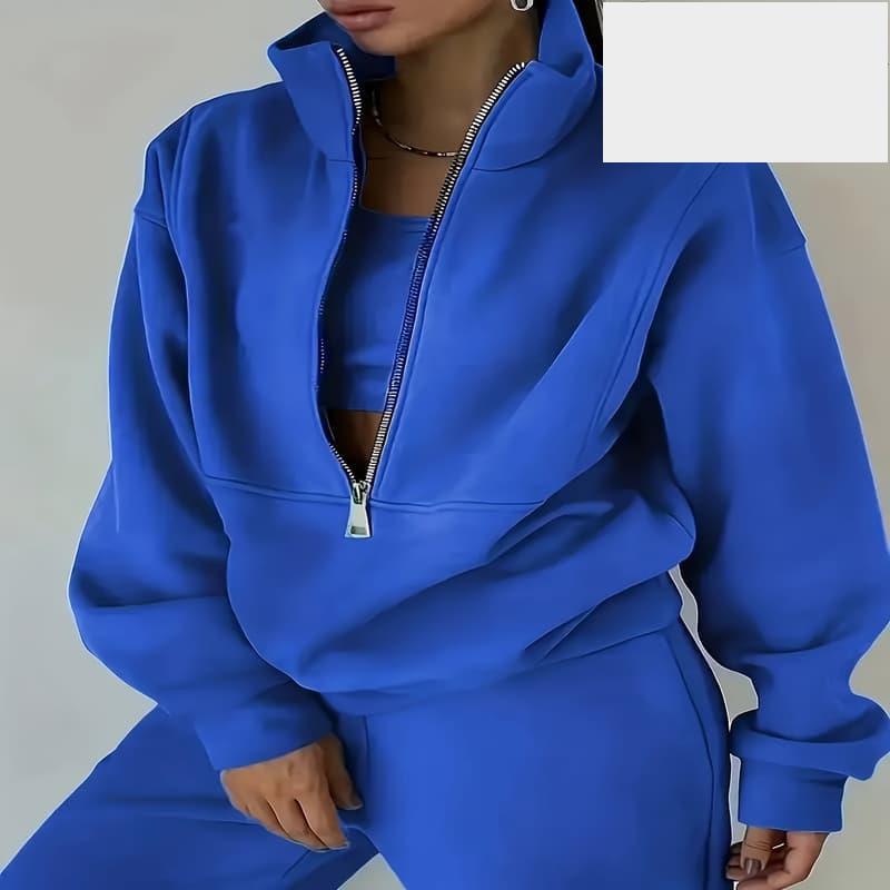 女士寶藍色休閒兩件套：帶口袋拉鍊長袖帽T和鬆束腰運動褲 --細節圖2