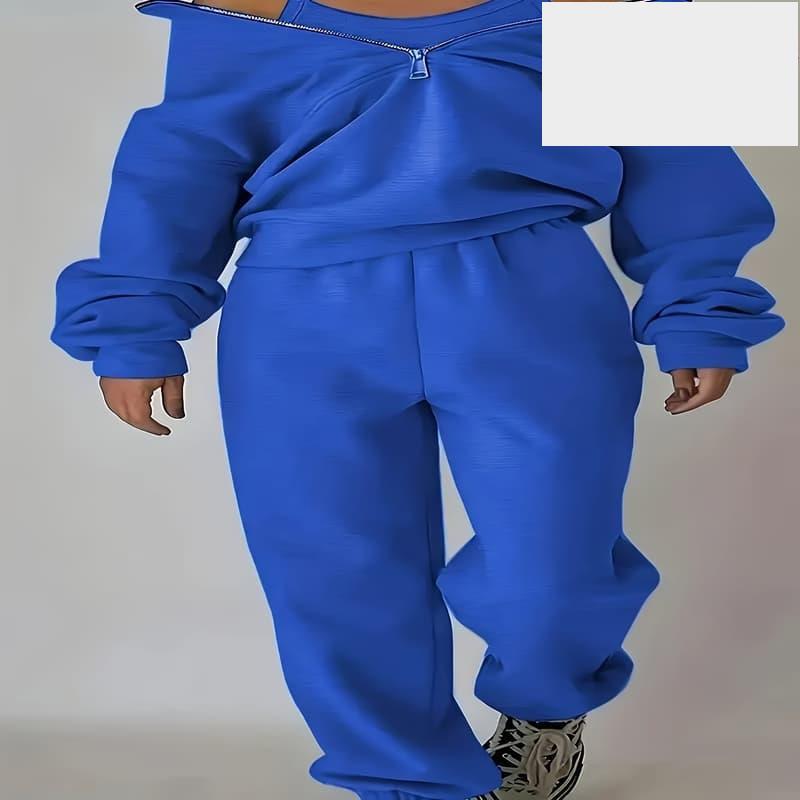 女士寶藍色休閒兩件套：帶口袋拉鍊長袖帽T和鬆束腰運動褲 --細節圖4