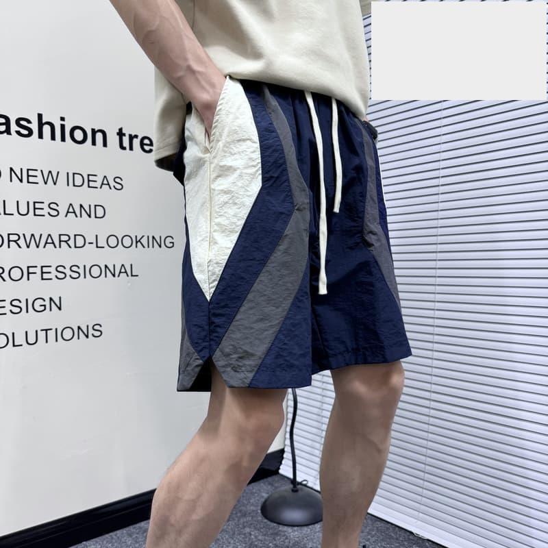 刷卡夏季拼色條紋運動短褲寬鬆五分褲男痞帥拼接戶外速乾沙灘褲大褲衩-細節圖2