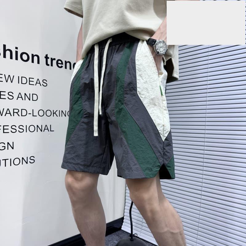 刷卡夏季拼色條紋運動短褲寬鬆五分褲男痞帥拼接戶外速乾沙灘褲大褲衩-細節圖3