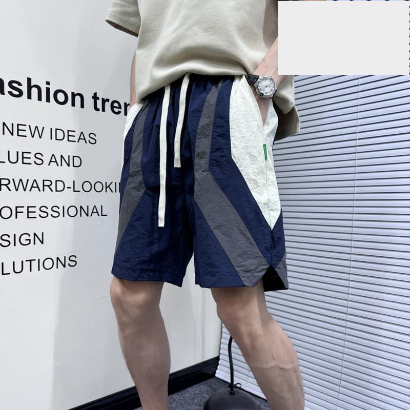 刷卡夏季拼色條紋運動短褲寬鬆五分褲男痞帥拼接戶外速乾沙灘褲大褲衩-細節圖4