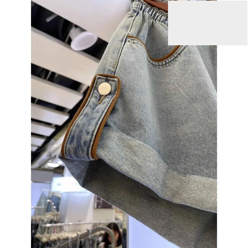 2024夏季新款韓版百搭辣妹高腰卷邊牛仔短褲女緊身顯瘦A字寬褲-細節圖3