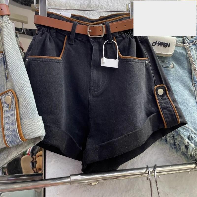 2024夏季新款韓版百搭辣妹高腰卷邊牛仔短褲女緊身顯瘦A字寬褲-細節圖4