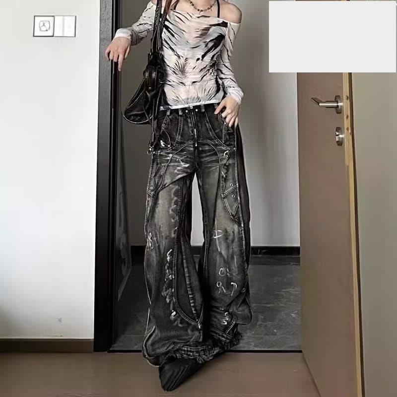免運美式高街設計感重工條線扎染闊腿牛仔褲2024新款男女復古拖地褲子-細節圖2