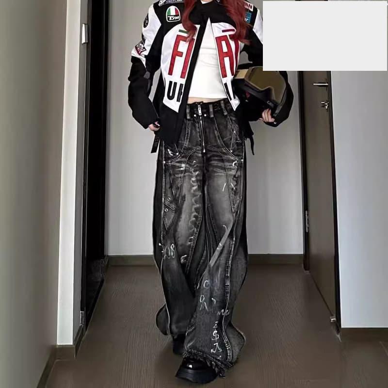 免運美式高街設計感重工條線扎染闊腿牛仔褲2024新款男女復古拖地褲子-細節圖4