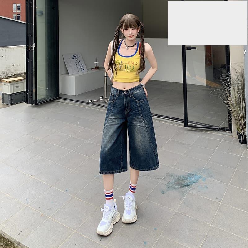 1212#深藍色高腰顯瘦七分牛仔褲女夏季新款寬鬆闊腿直筒五分褲1-細節圖2