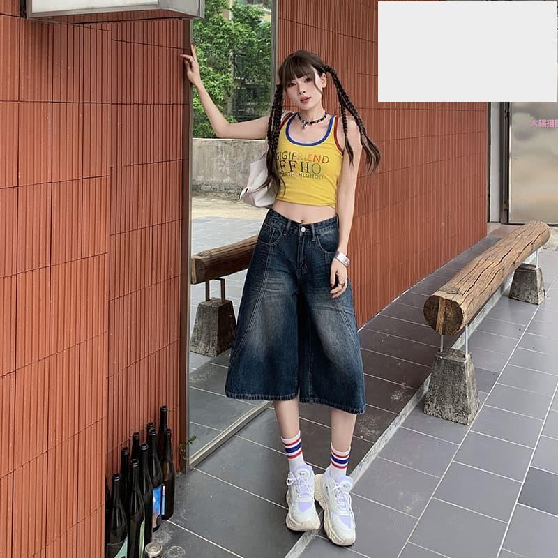 1212#深藍色高腰顯瘦七分牛仔褲女夏季新款寬鬆闊腿直筒五分褲1-細節圖3
