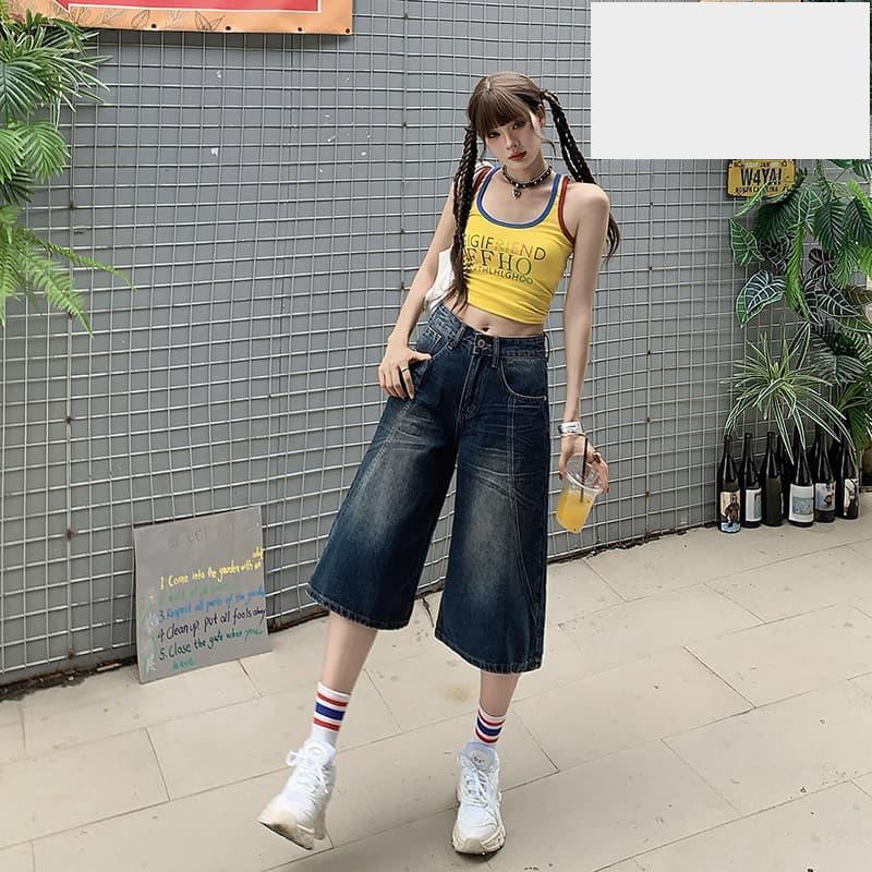 1212#深藍色高腰顯瘦七分牛仔褲女夏季新款寬鬆闊腿直筒五分褲1-細節圖4